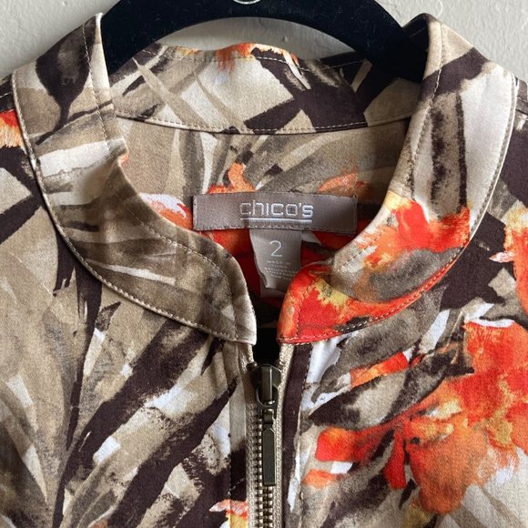 Chico's Size 2 Floral Full Zip Coat Orange Brown Jacket Size Med/12 Pockets - Picture 4 of 6